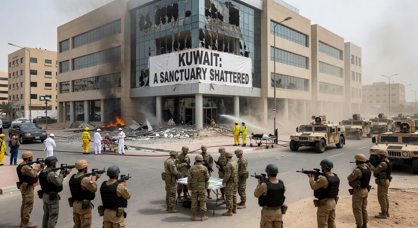 The Kuwait City skyline reflecting in the water at sunrise.