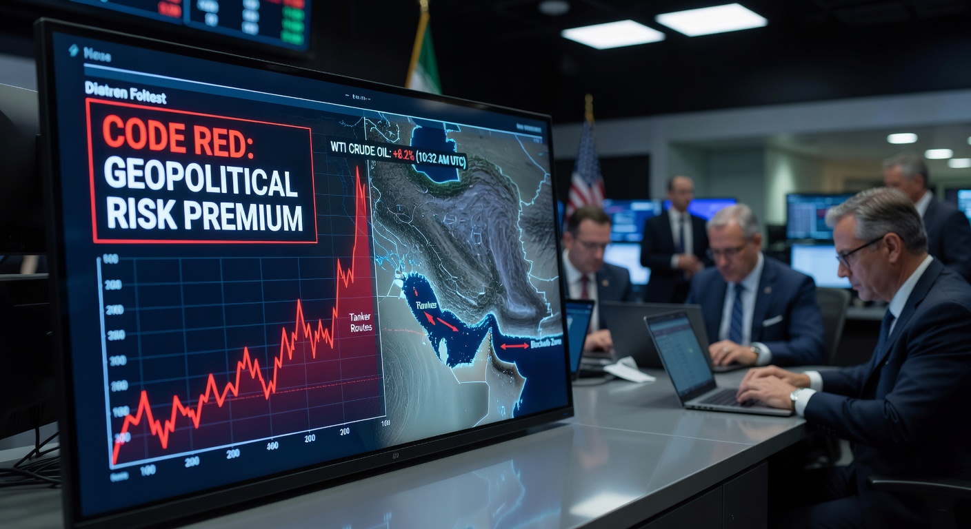 Digital map of the Middle East highlighting the Strait of Hormuz and oil trade routes.
