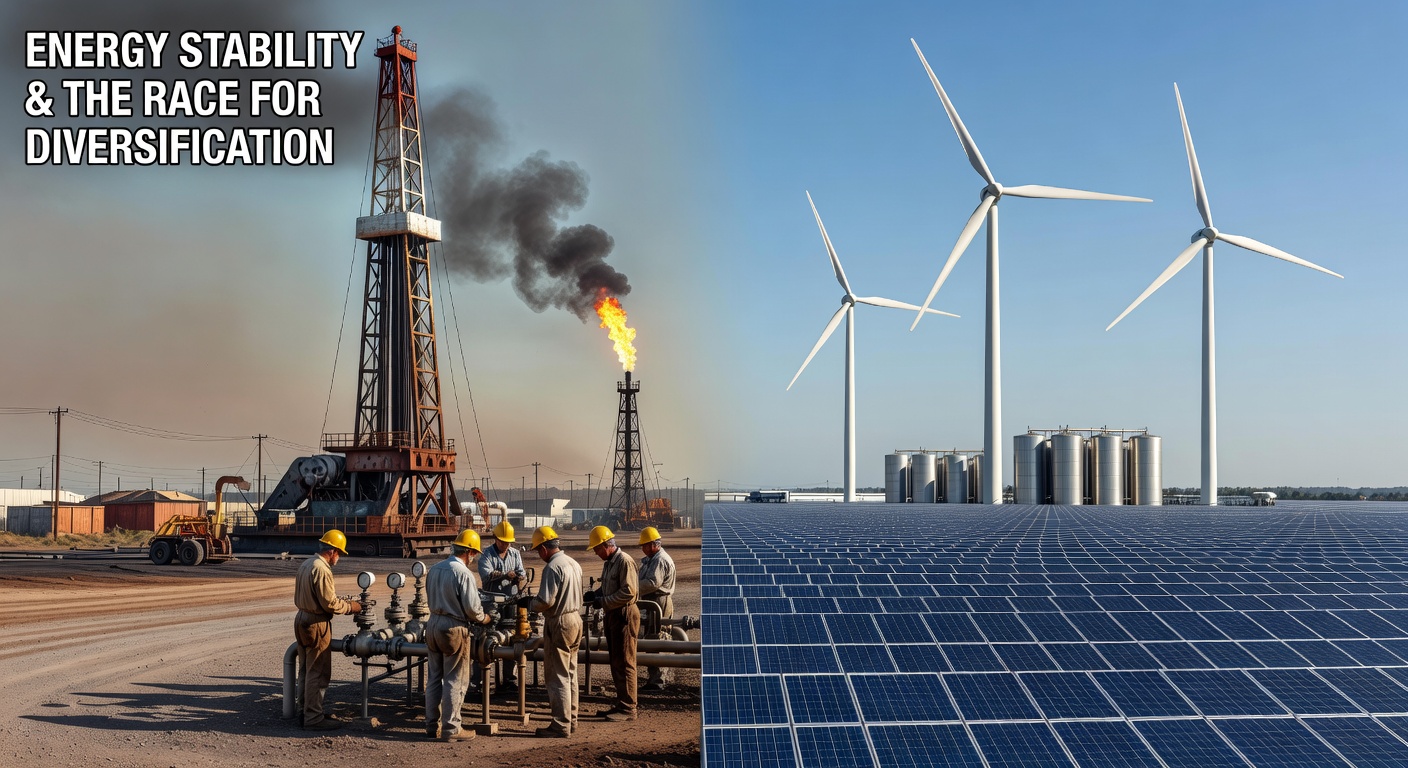 Comparison of traditional oil pump and renewable wind energy, symbolizing the shift in energy stability.