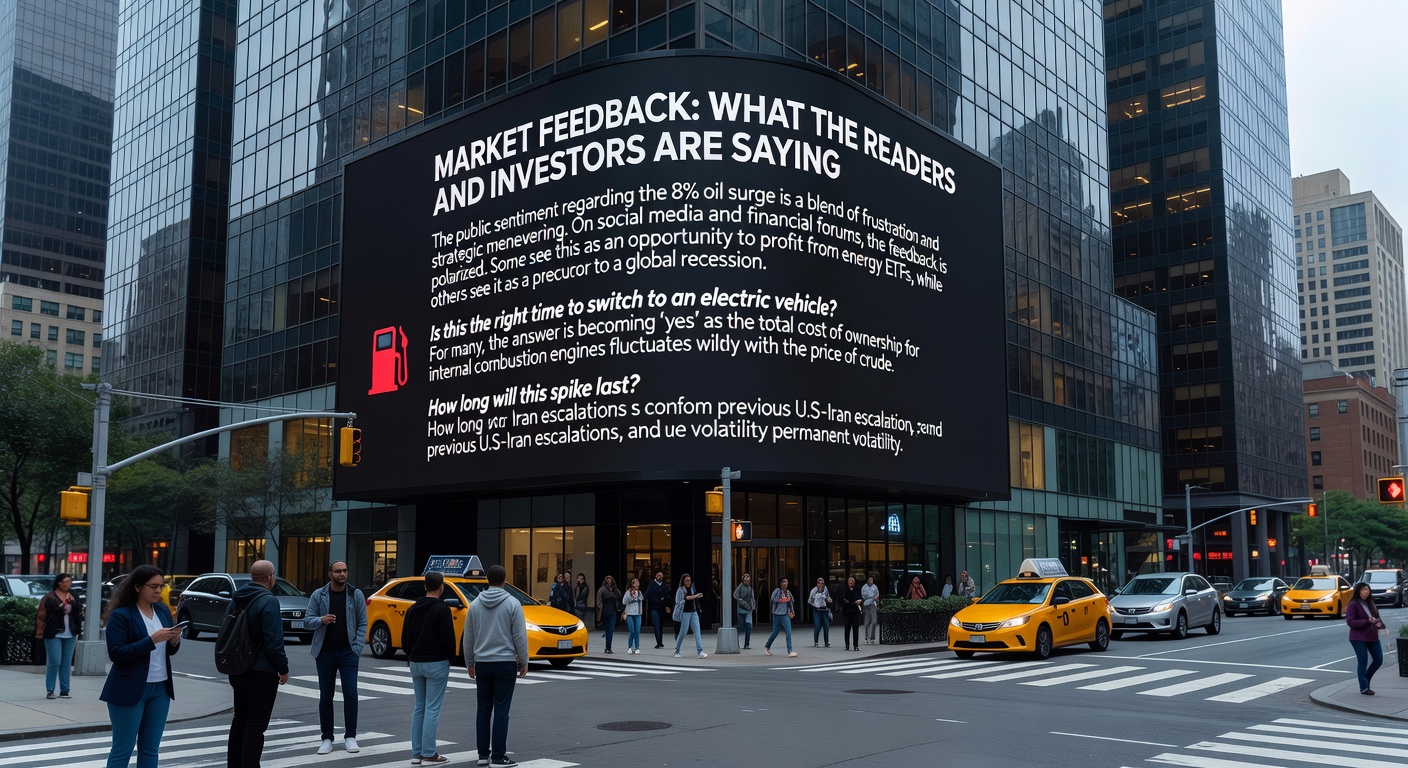 Busy stock exchange floor with traders reacting to fluctuating oil prices.