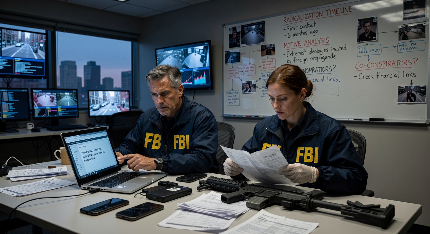 Close-up of an FBI agent at a crime scene with yellow police tape.