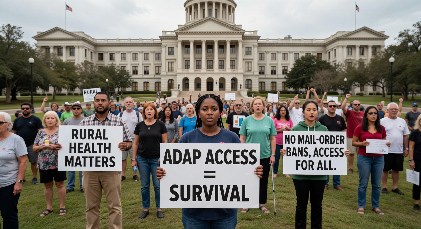 Close-up of diverse hands holding HIV medication bottles.