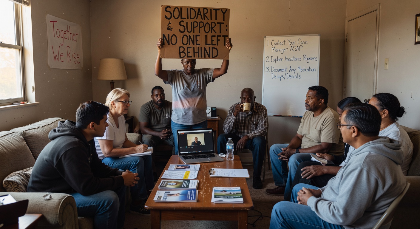 A diverse community support group meeting to discuss healthcare access.