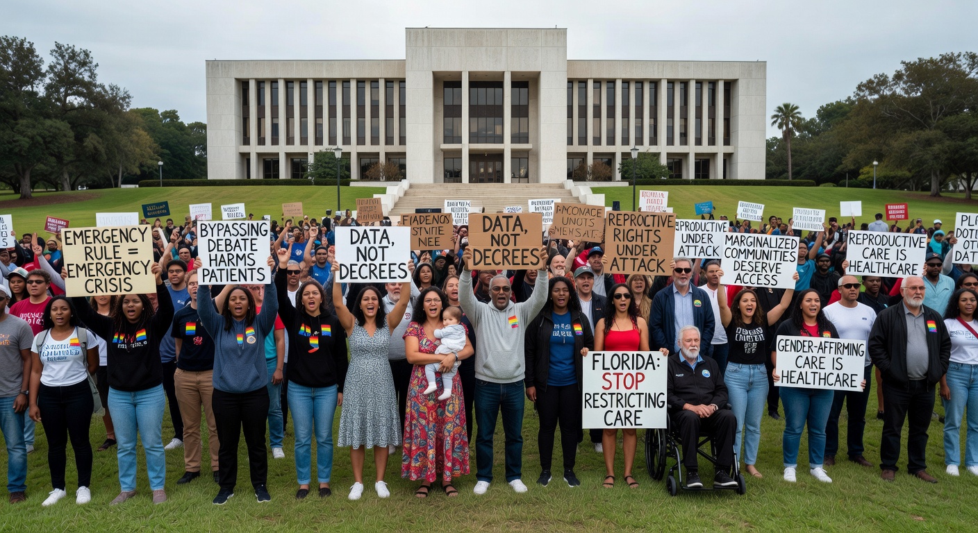 A Florida street scene with a local health clinic in the background.