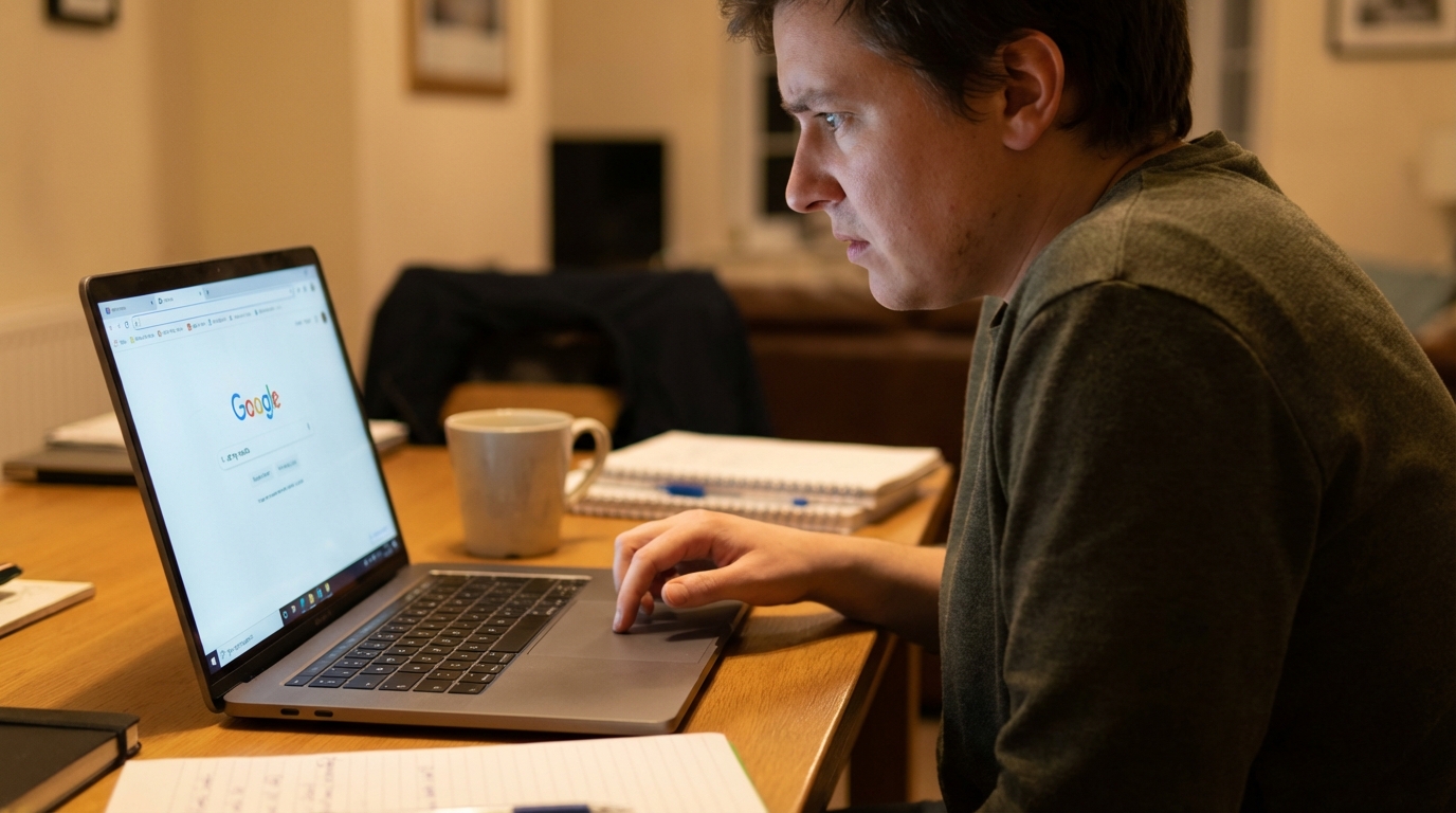 Student anxiously waiting for online results on a laptop screen in a home office