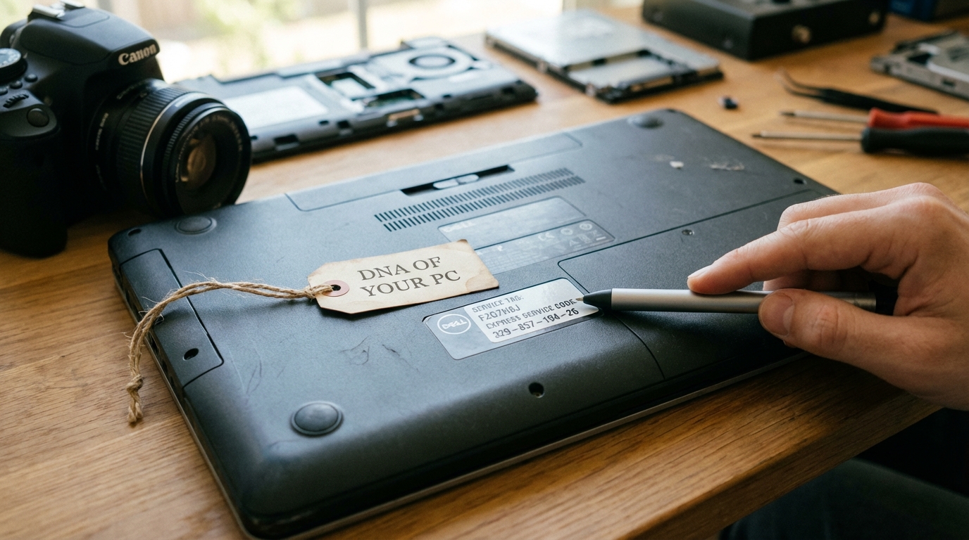 Close-up of a Dell Service Tag sticker on the bottom of a laptop