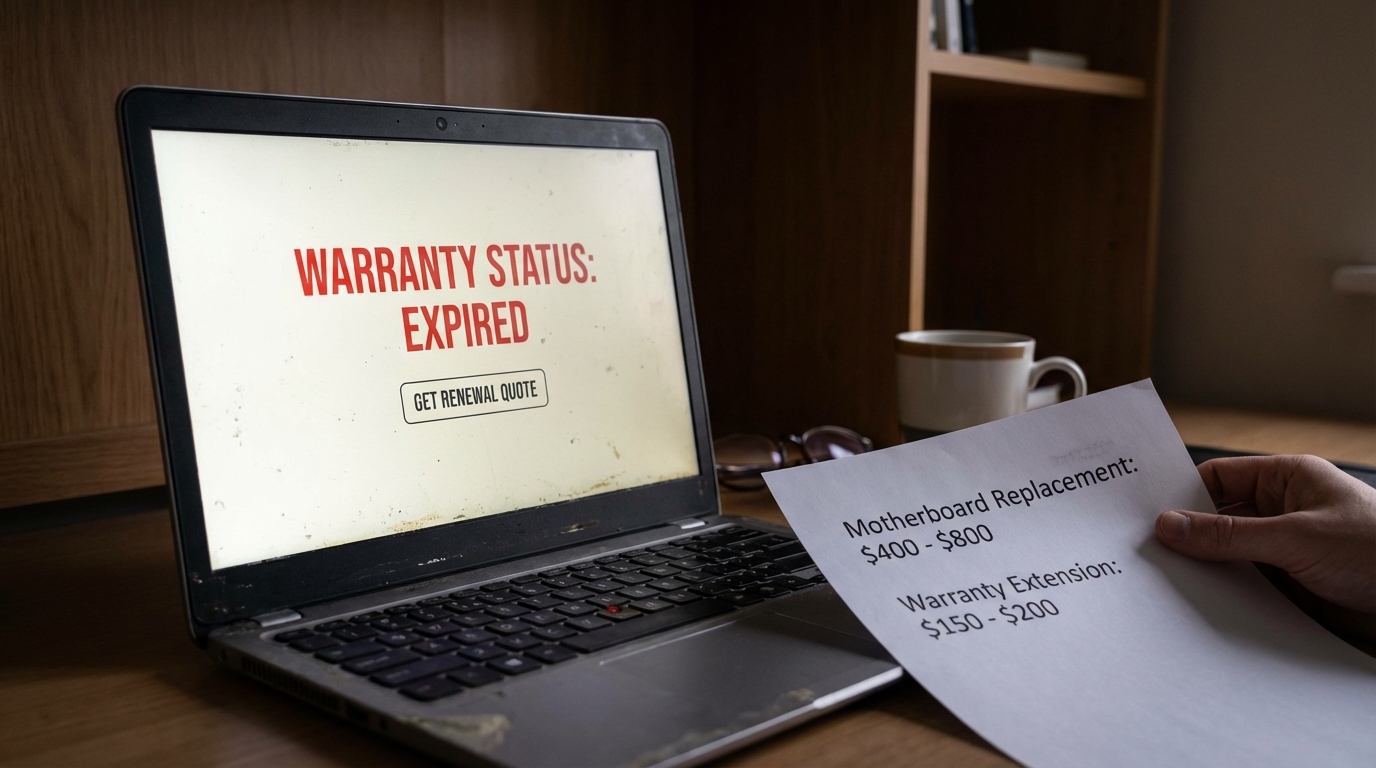 User reacting to expired warranty notification on laptop screen