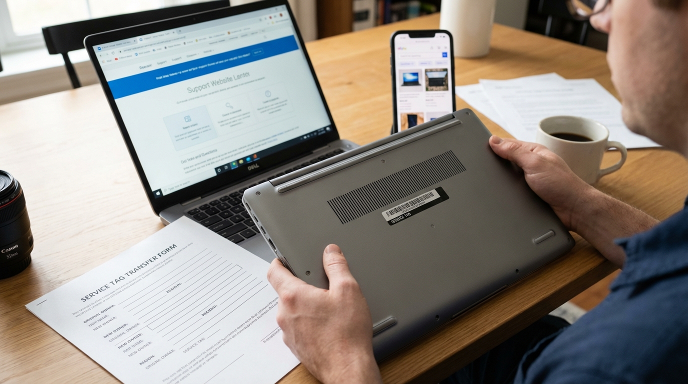 Handshake over a laptop representing warranty transfer and sale