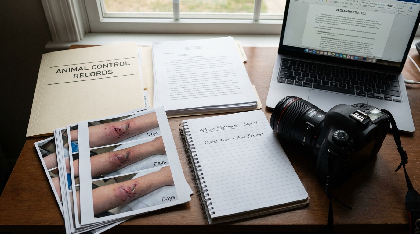 Table full of evidence including medical records and photos for a legal claim