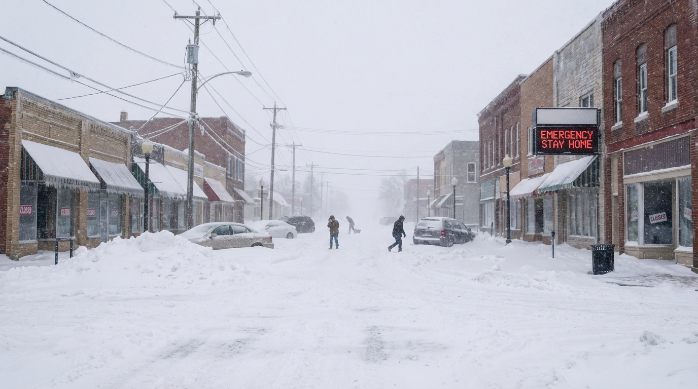 Major Midwest city skyline obscured by heavy blizzard conditions and snow