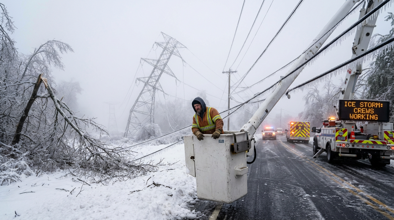 Power lines weigh down by heavy ice and icicles against a dark storm sky