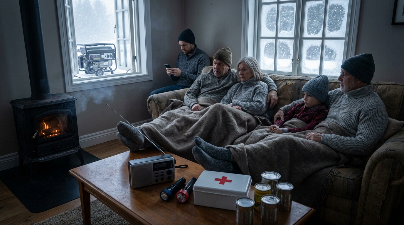Family bundled in blankets inside a warm home while a blizzard rages outside the window