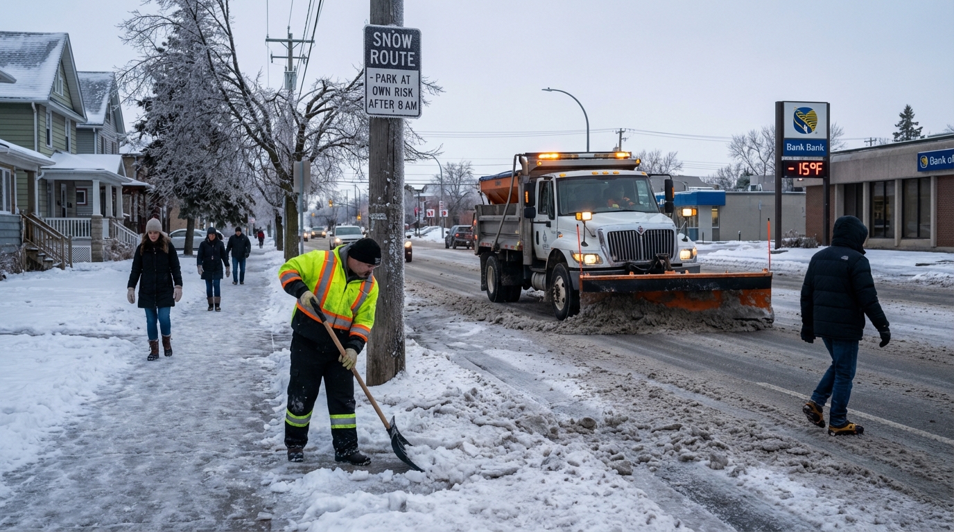 Convoy of snowplows clearing a highway at sunrise with snow spraying