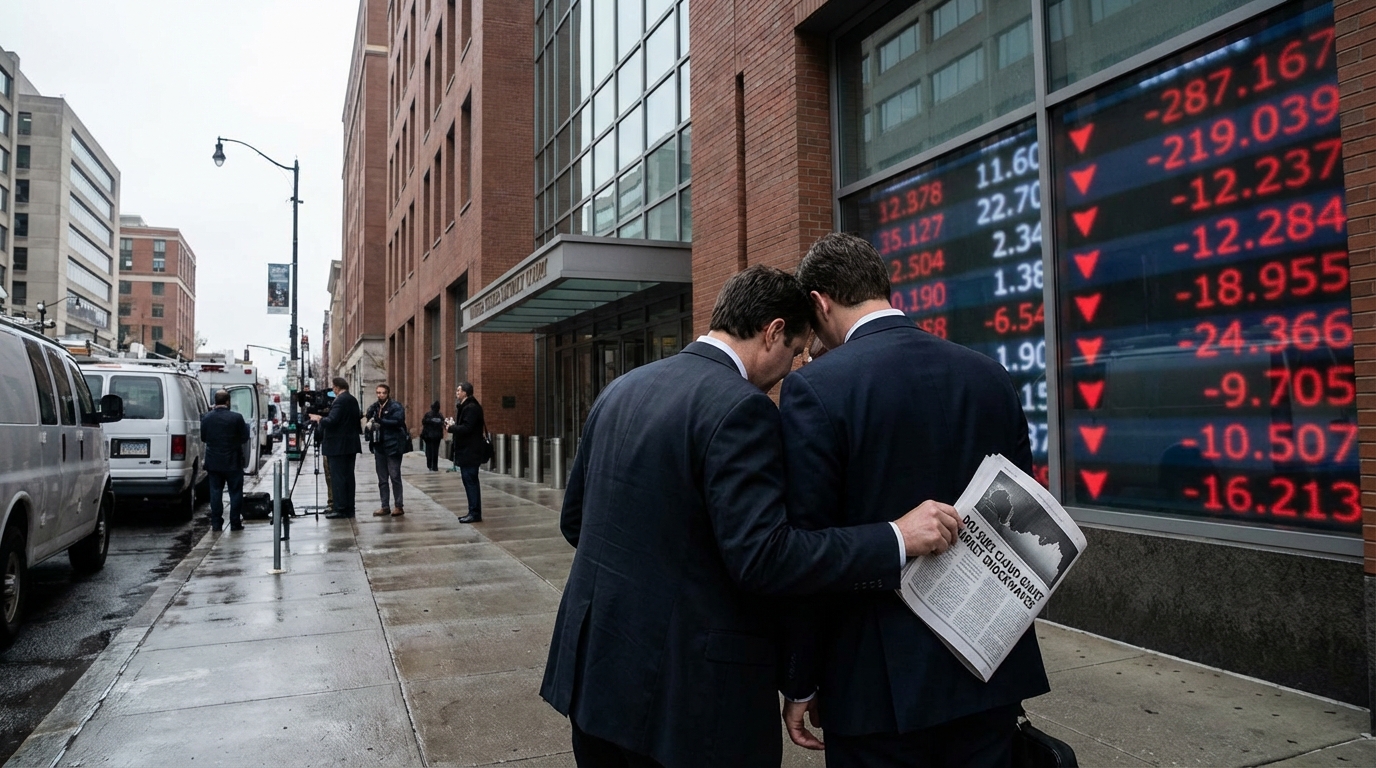 Digital cloud hovering over a courthouse representing the DOJ antitrust lawsuit against a tech giant.