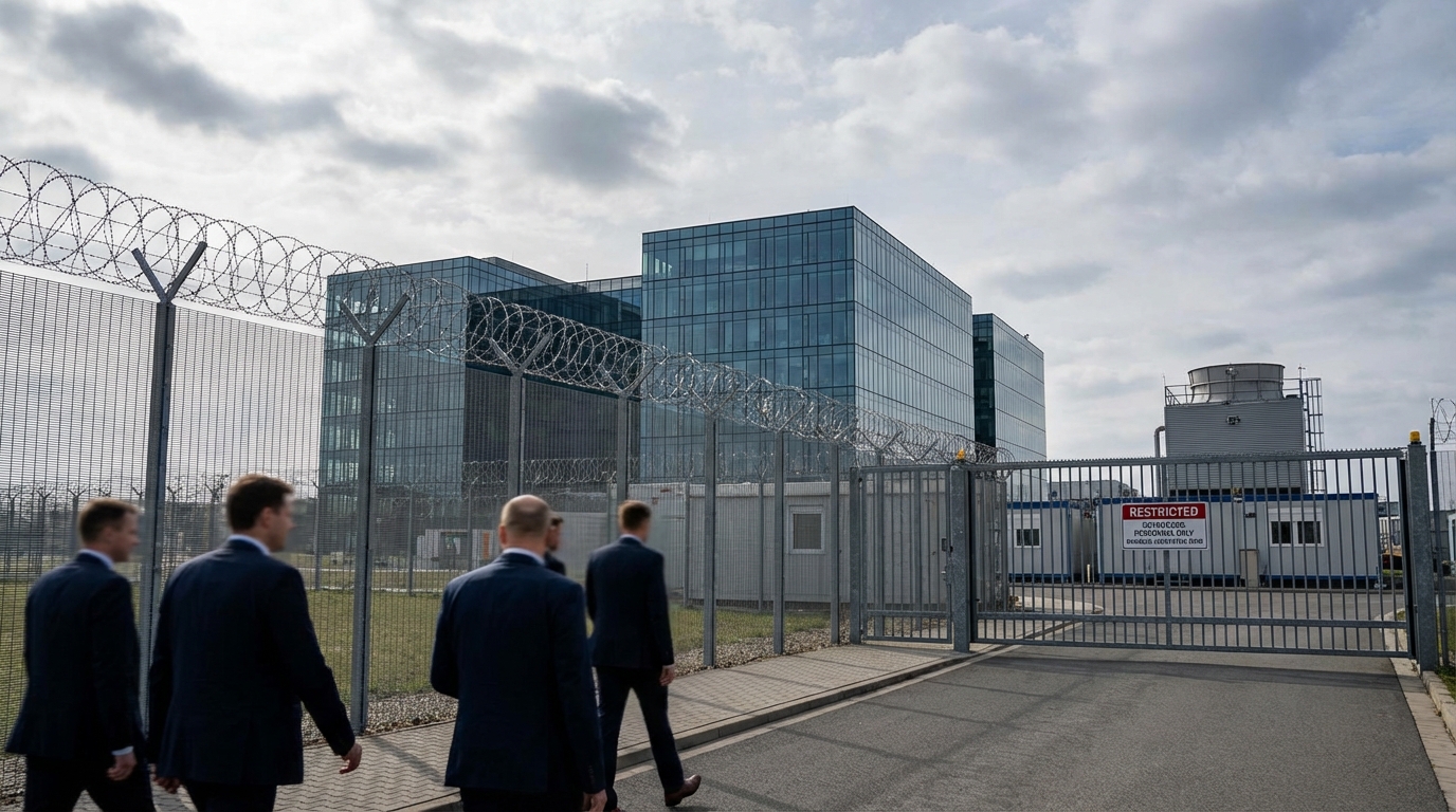 Business professionals trapped in a high-tech digital glass maze representing ecosystem lock-in.