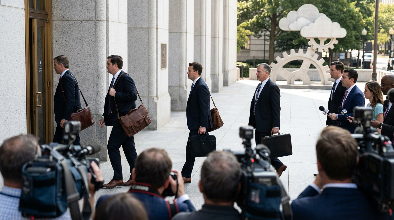 Executives arguing in a boardroom with stock market data in the background.