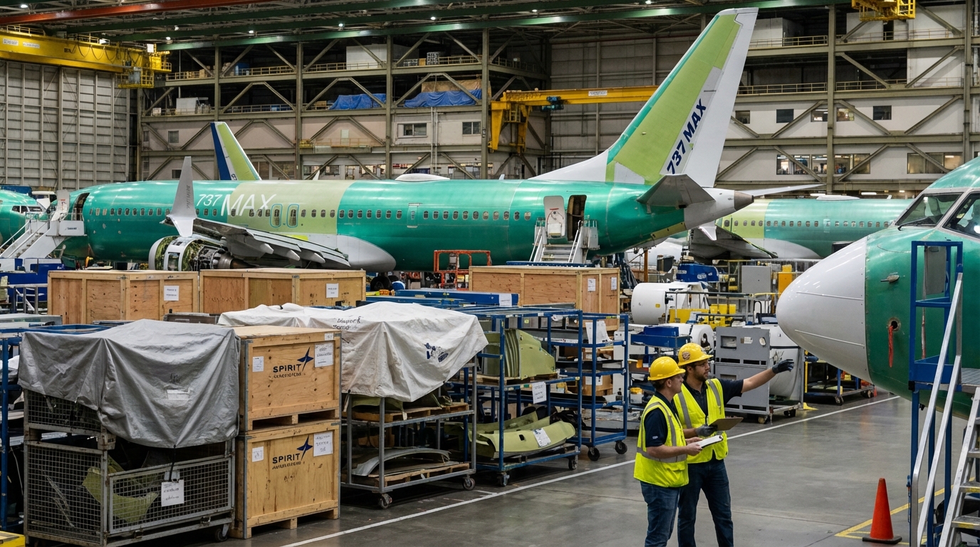 Boeing 737 MAX assembly line with engineers working on the fuselage inside a large hangar