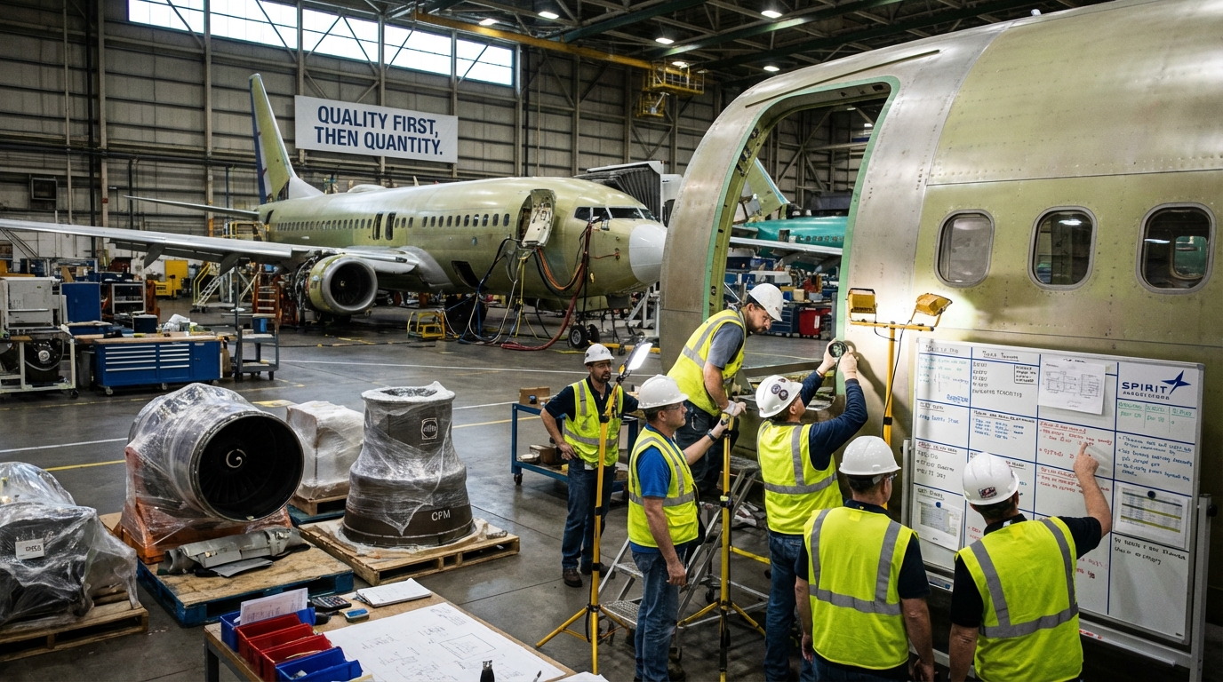 Close-up of an aircraft quality inspector measuring fuselage components with a digital caliper