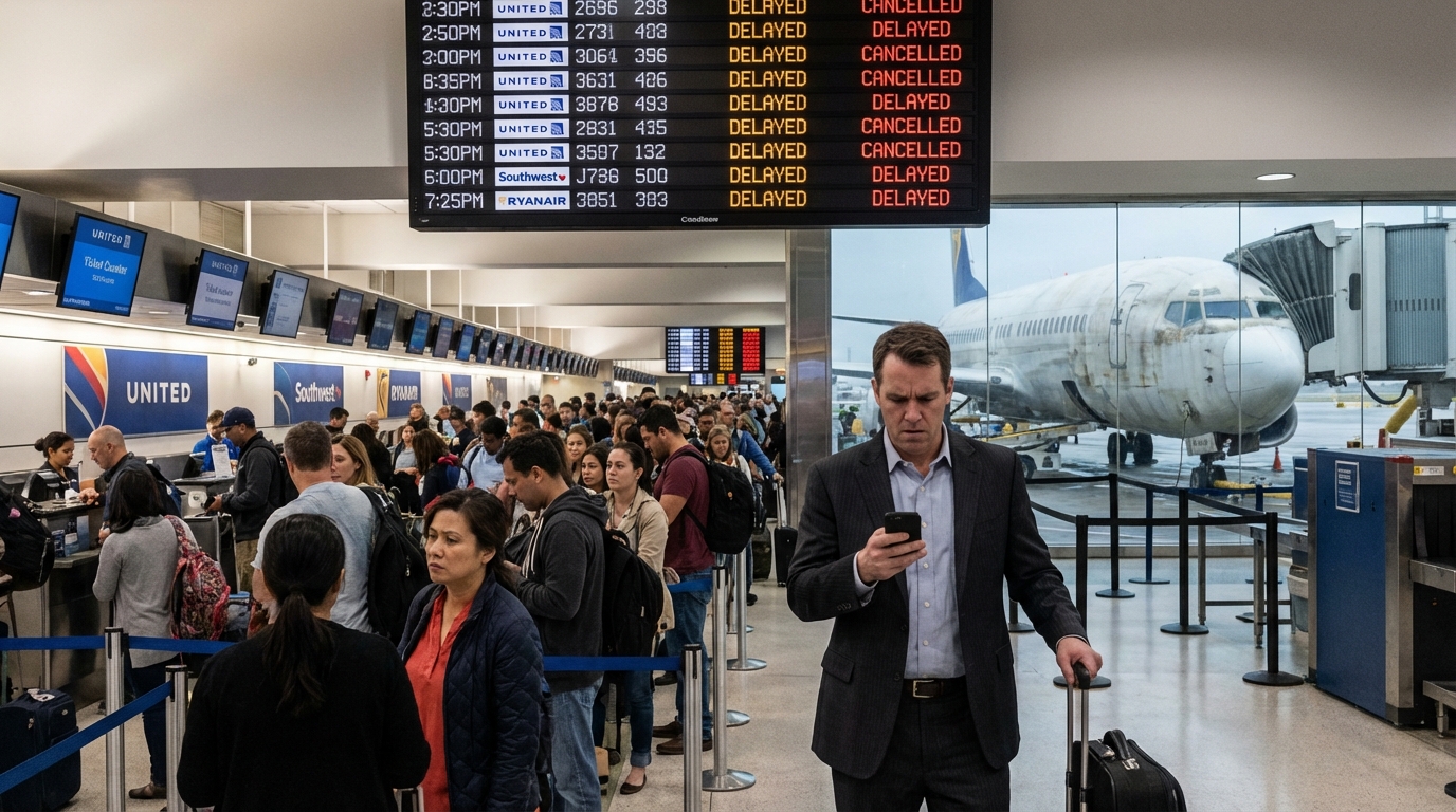 Airport tarmac at sunset featuring parked commercial aircraft and airline tail fins