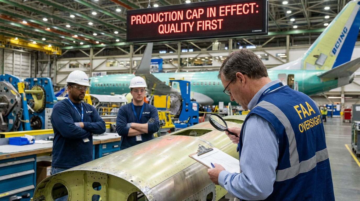 FAA safety inspector examining a jet engine turbine with a checklist