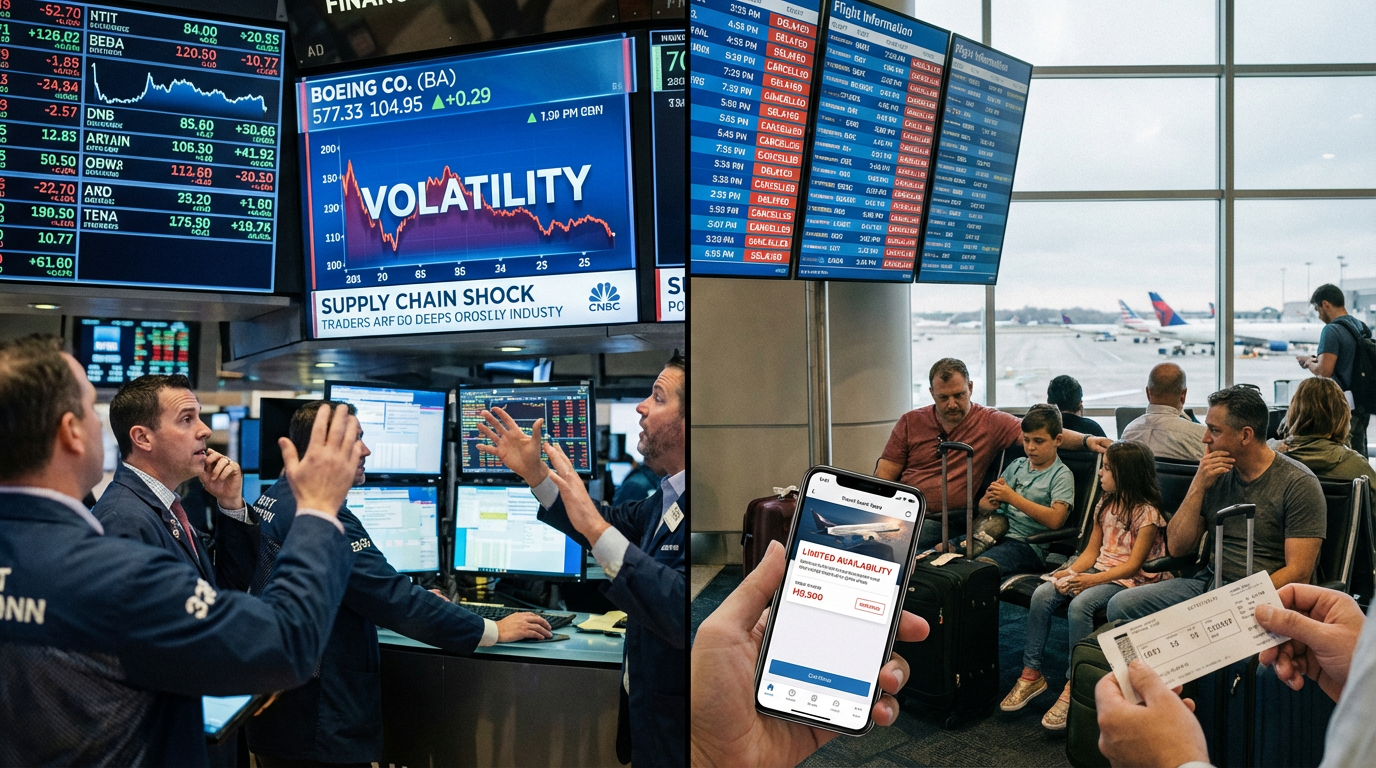 Double exposure image combining stock market graphs with an airplane silhouette