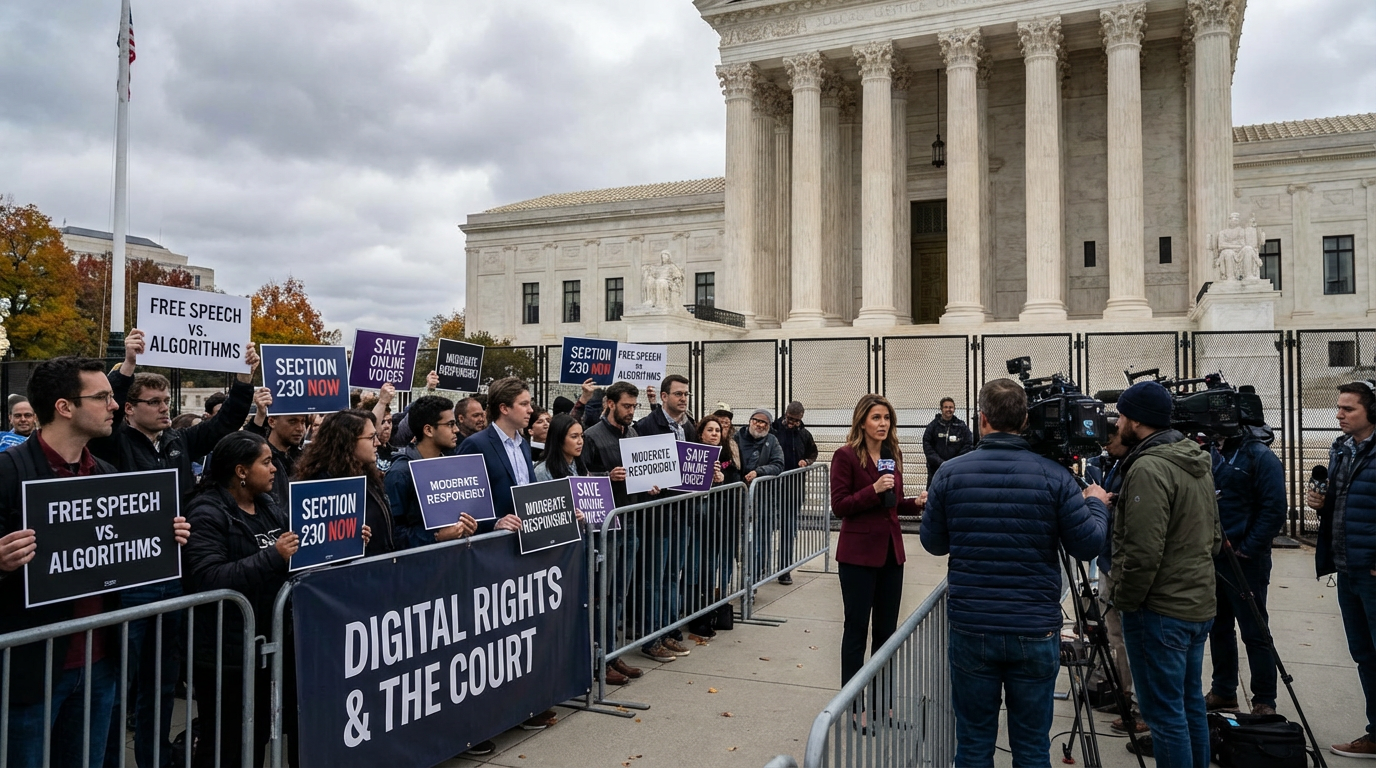 US Supreme Court building with digital social media overlay representing content moderation laws.