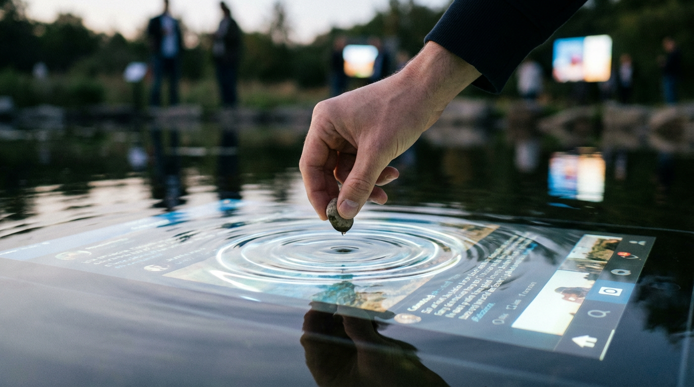 People looking at phones with holographic projection of chaotic social media content.