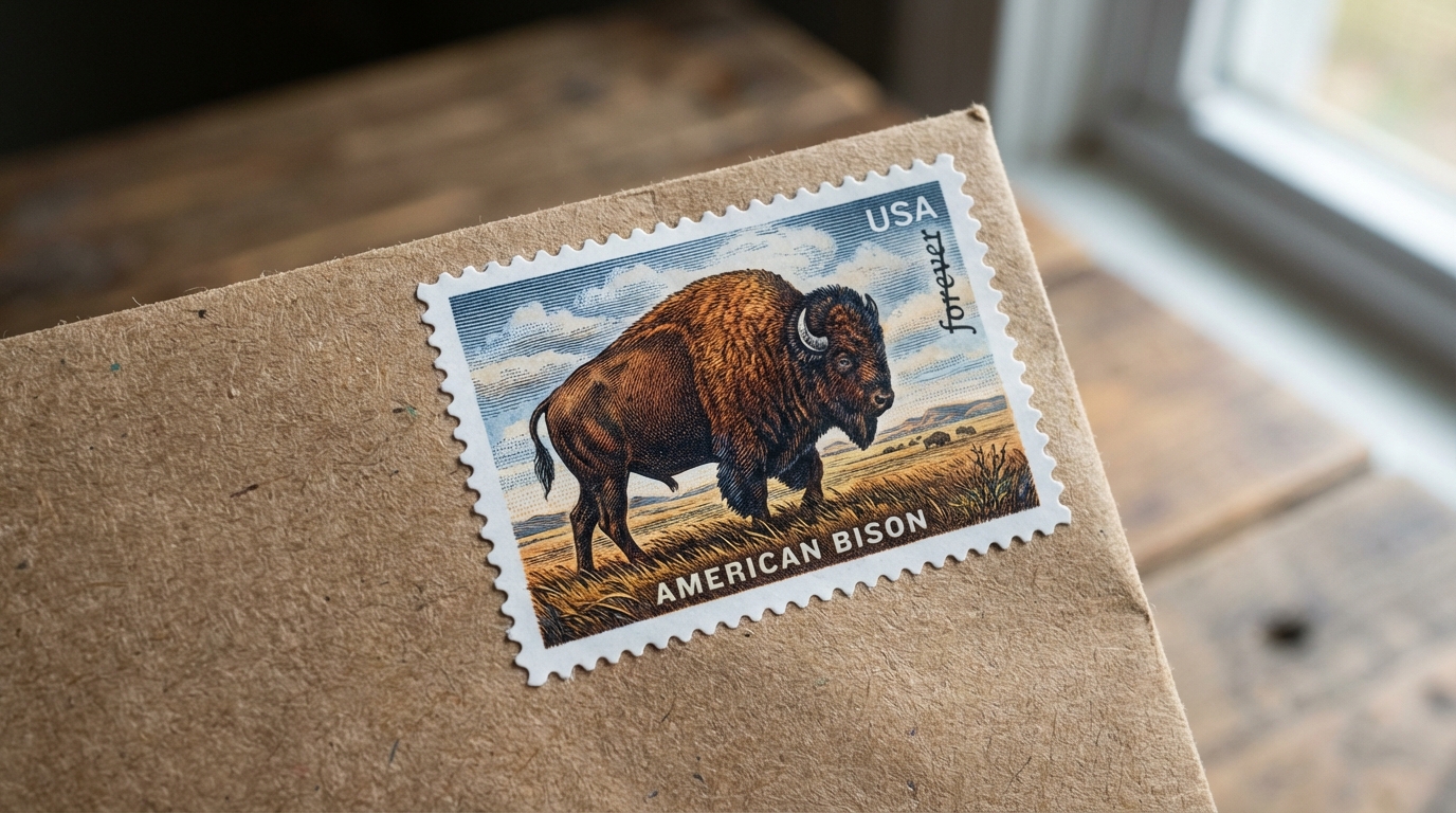 Close up of new American Bison postage stamp on a letter