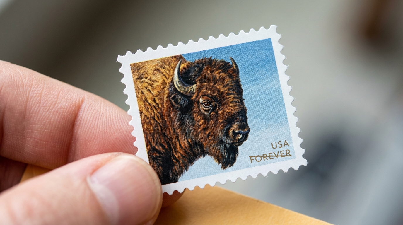 Artist workspace with sketches and digital designs of the bison stamp