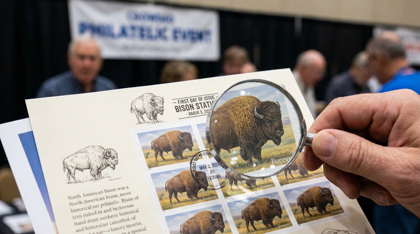 Sheet of bison stamps with magnifying glass and tweezers