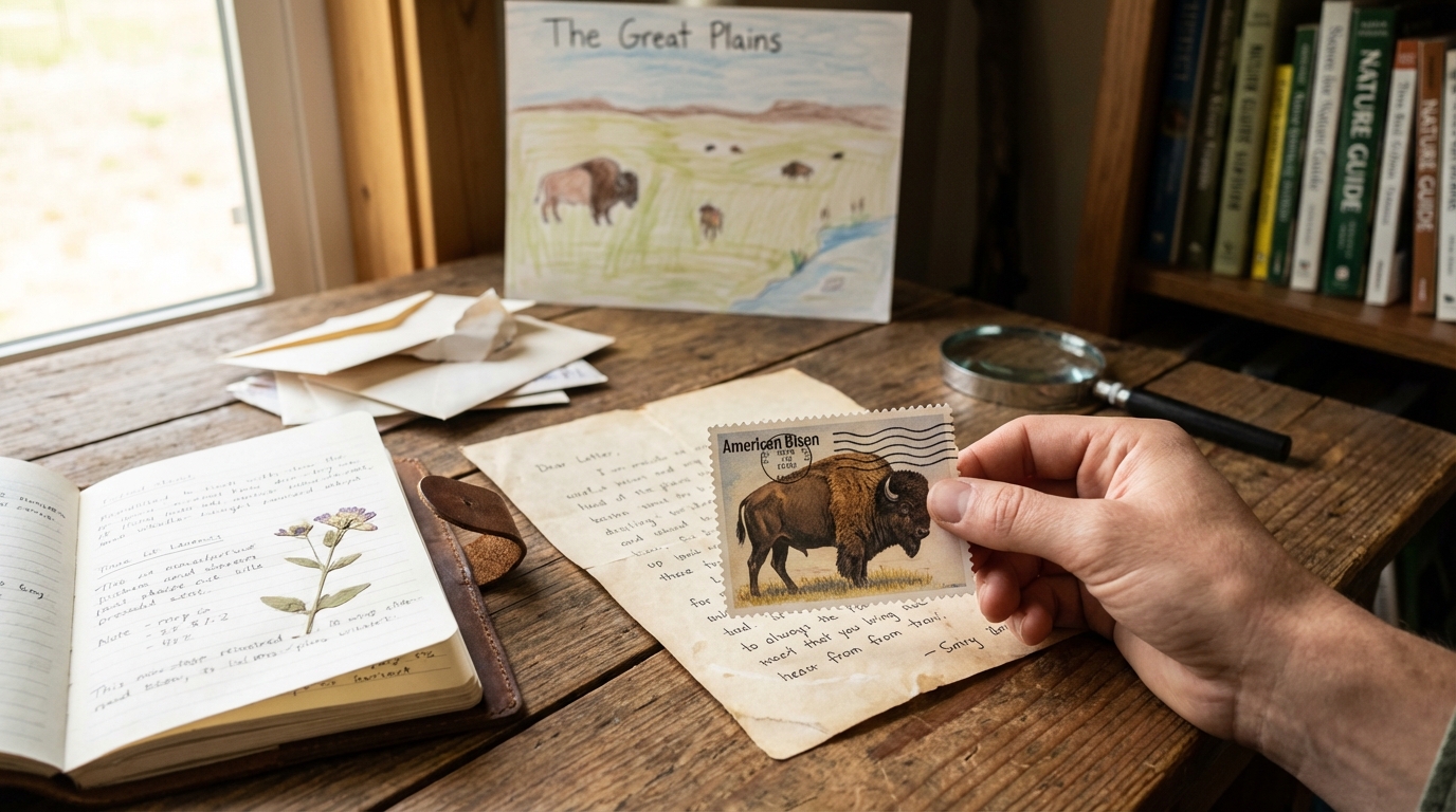 Hand mailing a letter with the bison stamp in a blue mailbox