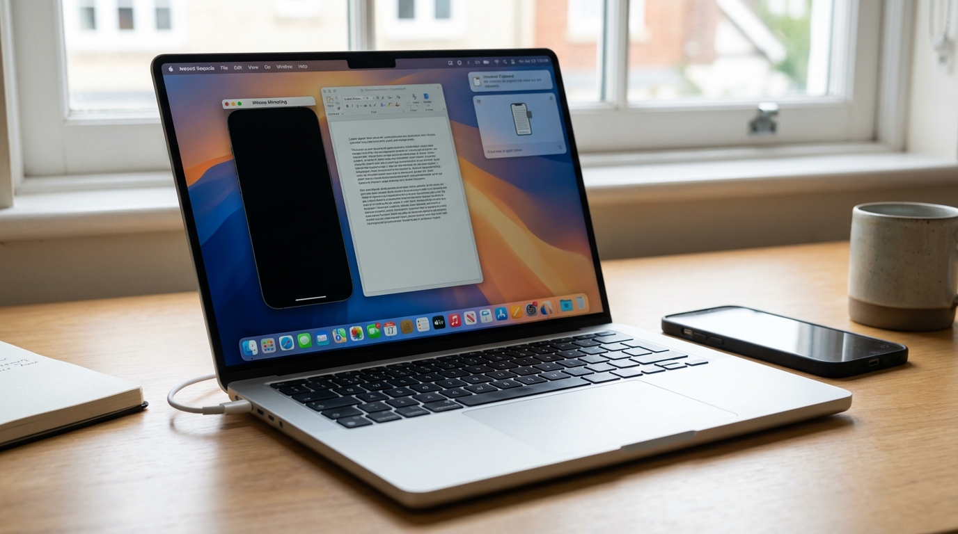 Flat lay of MacBook Neo integrated with iPhone and AirPods