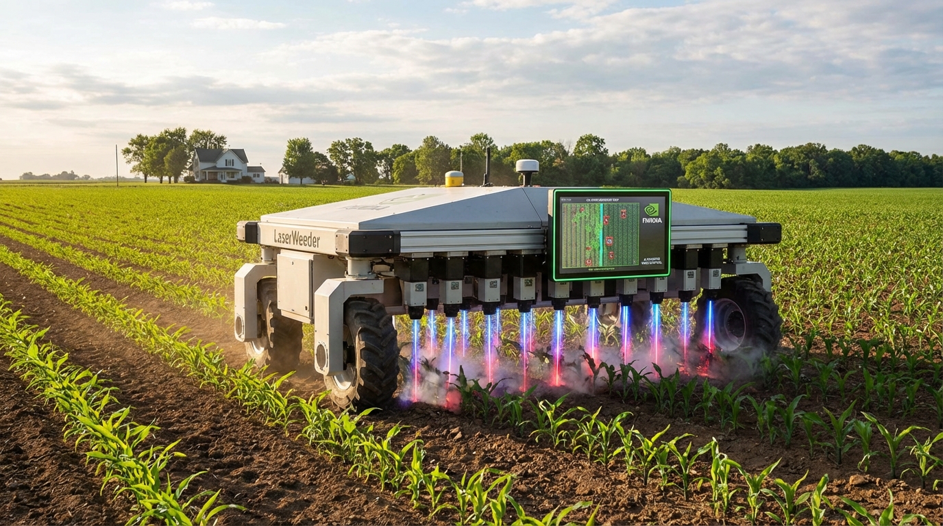 Futuristic AI laser weeding tractor operating in a green field at sunset