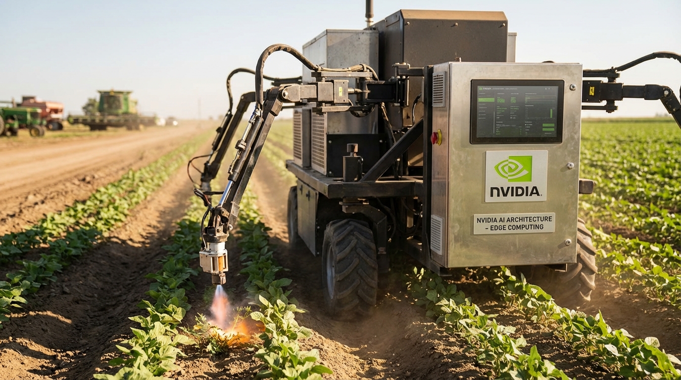 Close-up of AI computer vision identifying weeds versus crops with digital overlay