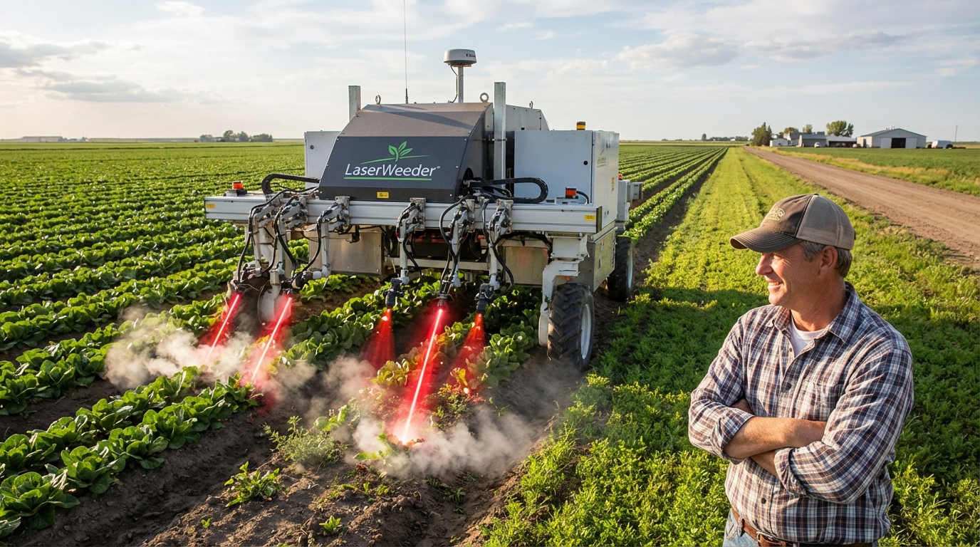 Night time operation of AI laser weeder showing glowing laser beams and smoke