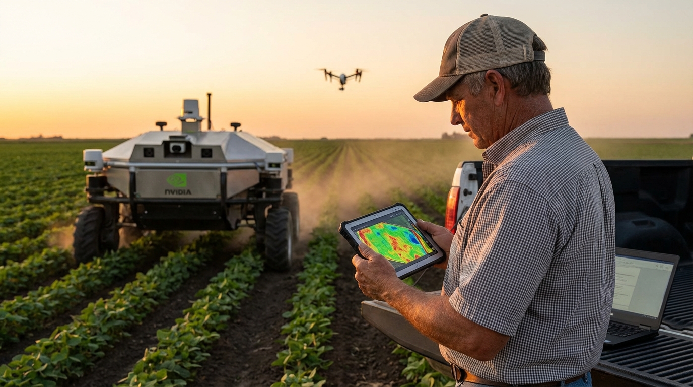 Farmer reviewing data analytics and heatmaps on a tablet in the field