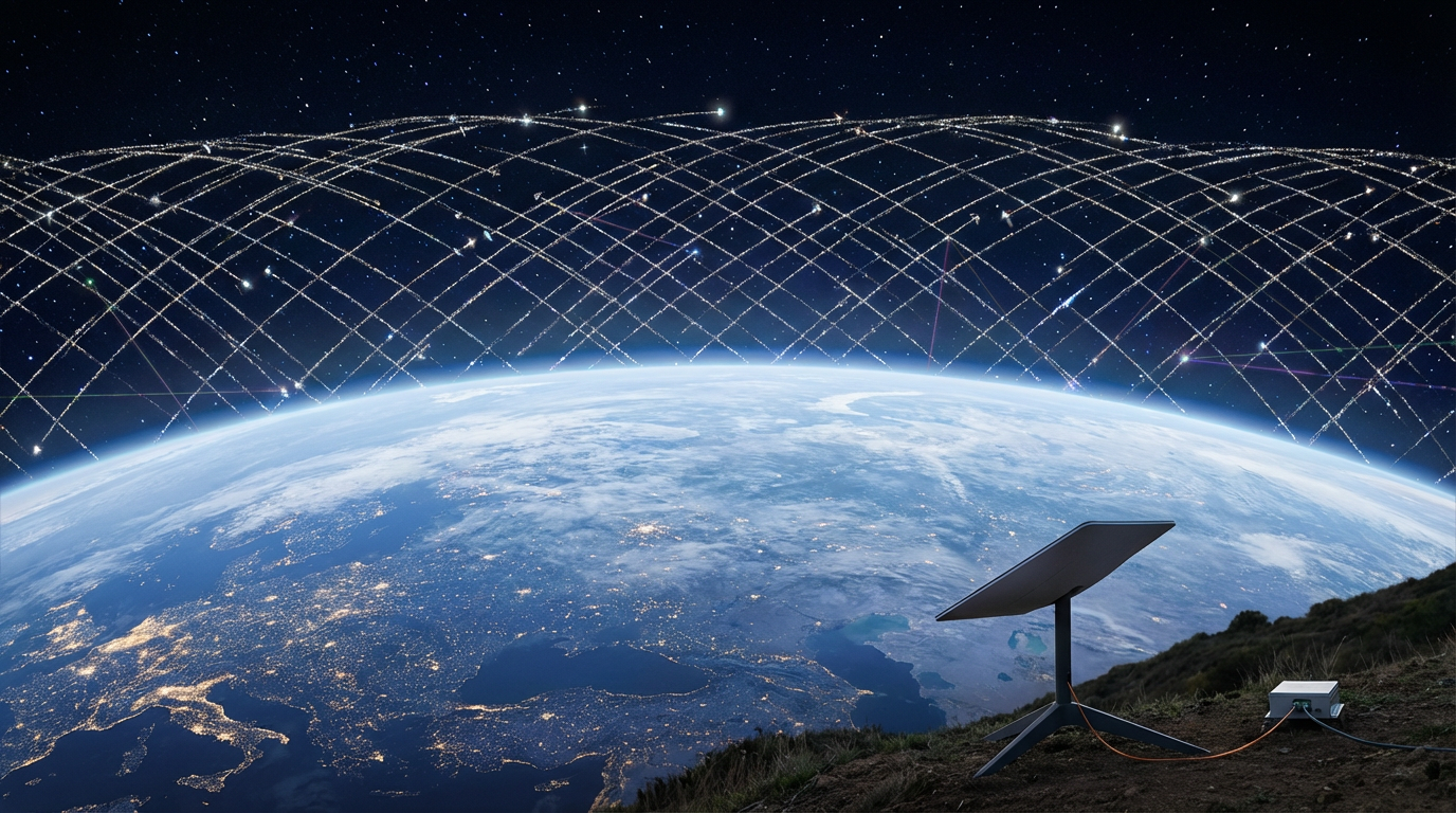 Close up of Starlink satellites using laser links in space