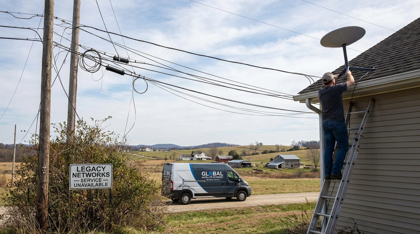 Comparison between messy traditional internet setup and clean Starlink router environment
