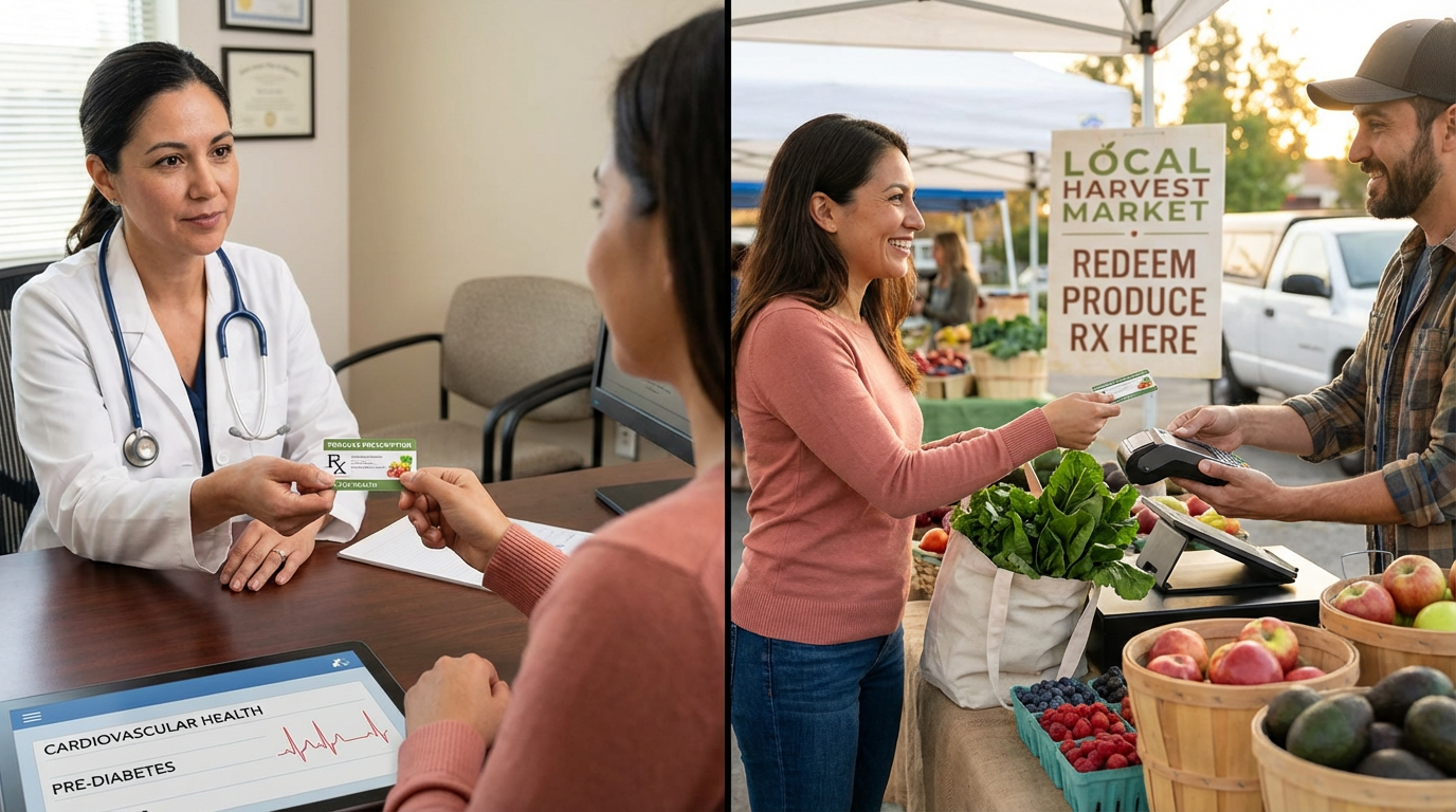 A doctor handing a patient a produce prescription card for free fruits and vegetables.