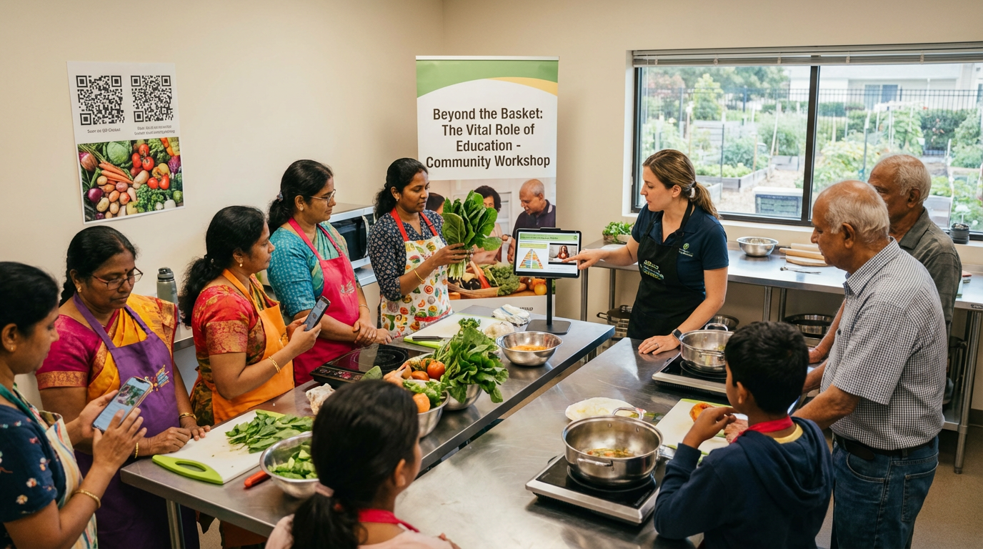 A community nutrition education class teaching families how to cook free fresh produce.