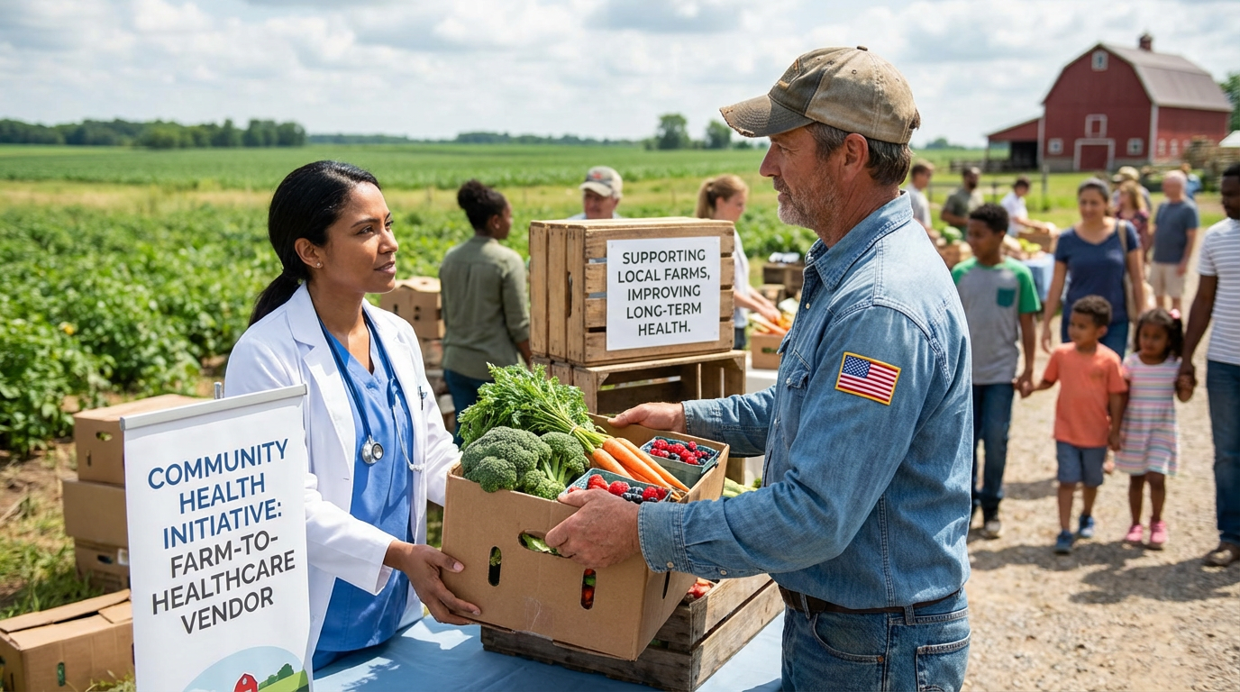 A customer using a health campaign voucher to buy fresh produce from a local farmer at a market.