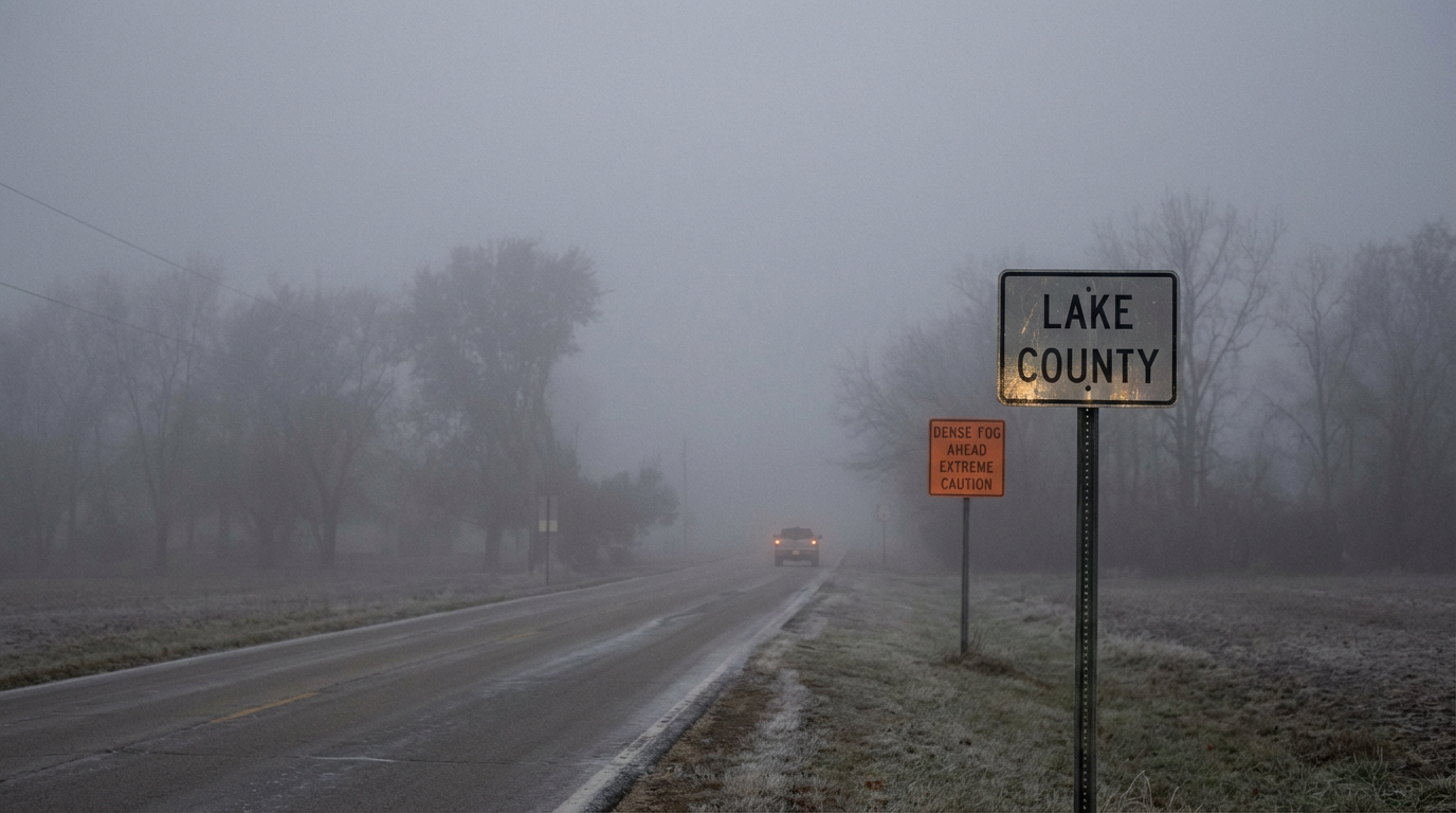Driver's view of severe dense fog on an Illinois highway with zero visibility.