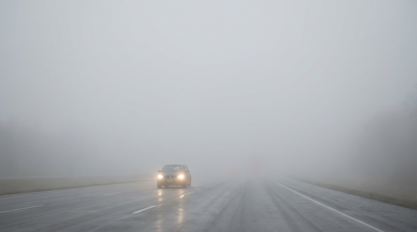 Aerial view of a foggy intersection in Lake County showing reduced visibility and streetlights glowing in the mist.