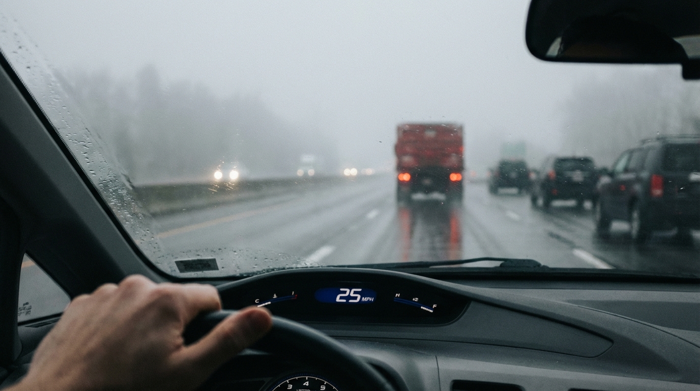 Close up of car headlights demonstrating low beams versus high beams in foggy weather.