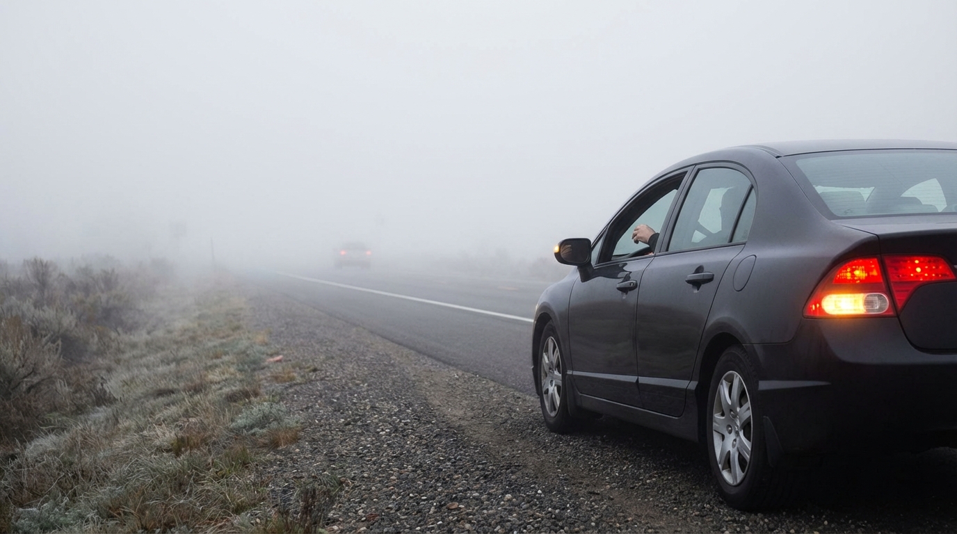 Car pulled over safely on the shoulder with hazard lights flashing during dense fog.
