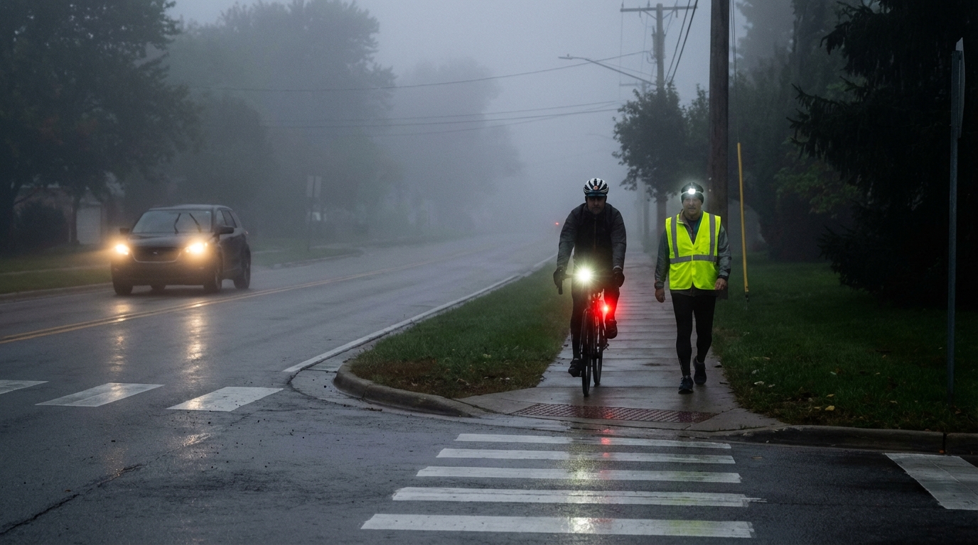 Runner wearing high-visibility reflective gear jogging on a foggy sidewalk.