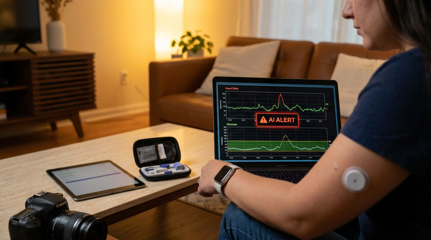 Seniors using smart tablets and wearables for home health monitoring