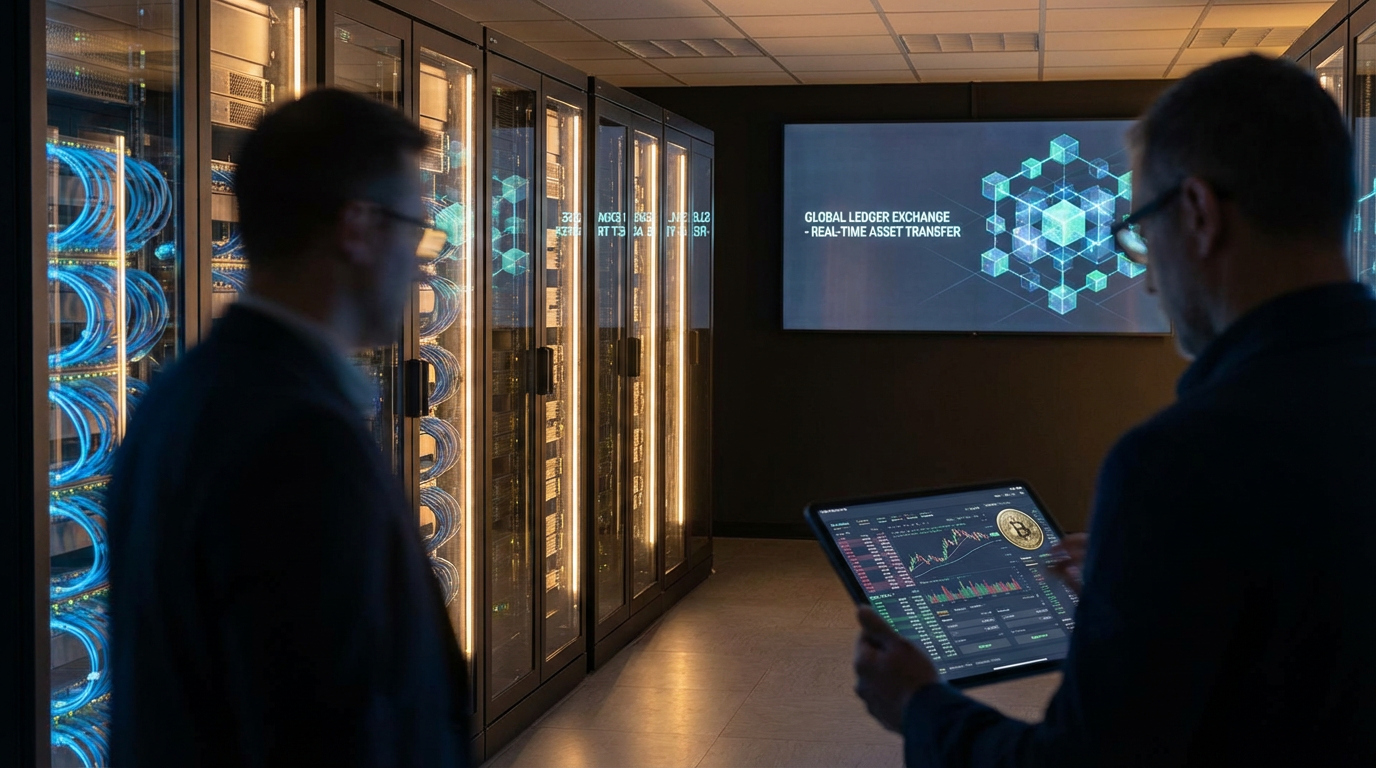 Futuristic visualization of the New York Stock Exchange transforming into a digital distributed ledger system.