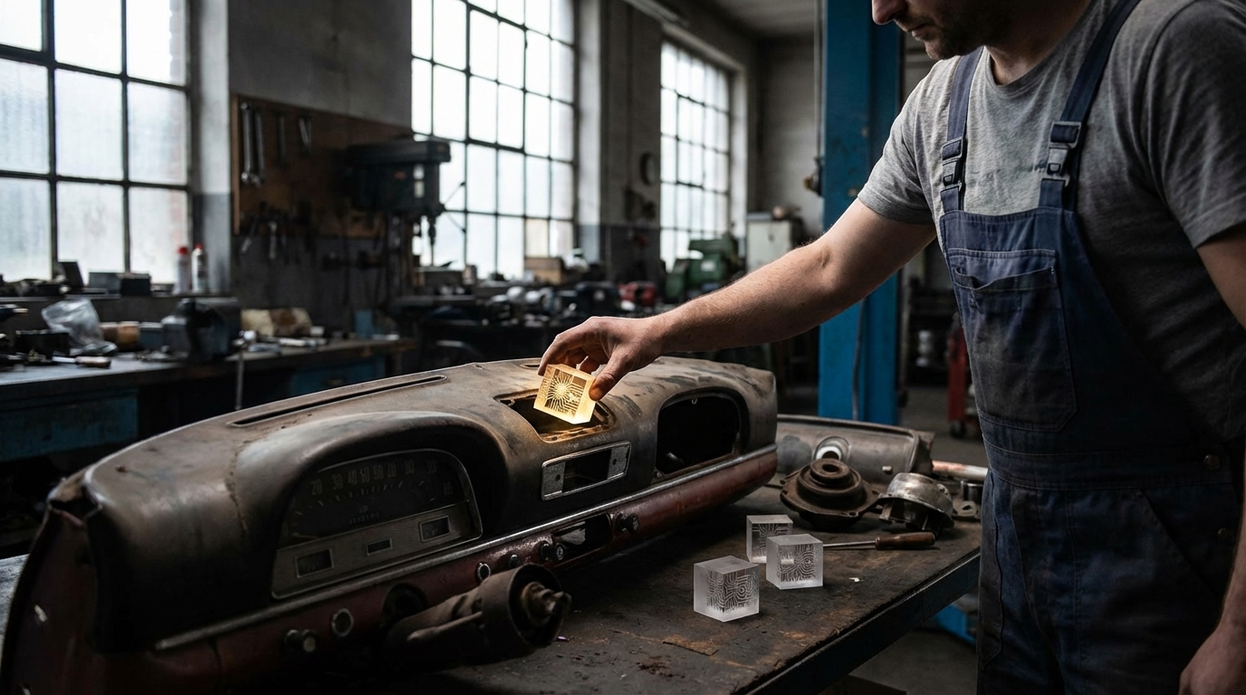 A digital stock certificate breaking into fractionalized tokens on a boardroom table.