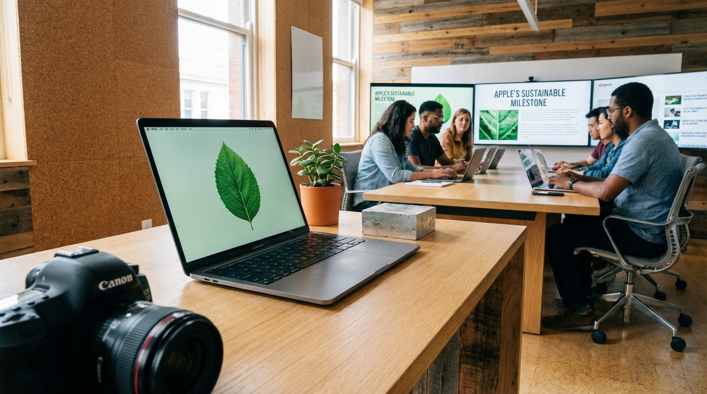 Sleek Apple MacBook on a wooden desk with a green plant, symbolizing sustainable technology design.